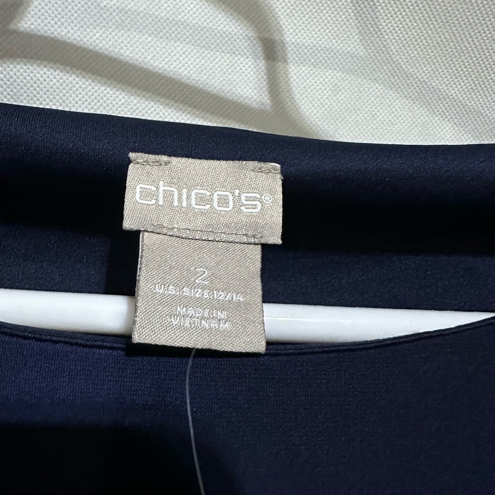 NWT Chicos 2 Size 12-14 Slinky Stretch Navy Blue 3/4 Ruched Sleeve Sheath Dress - Picture 3 of 6